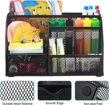 Comix 360° Rotating Pen Holder for Desk, 5 Compartments Office Desk Organizer, Black Mesh Metal Pencil Holder Cup for Office Home School