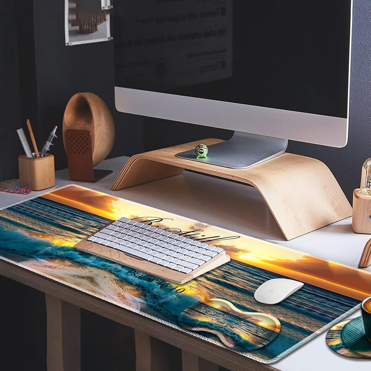 Mouse Wrist Rest and Keyboard Wrist Rest Pad Set, Non-Slip Rubber Base Smooth Surface Ergonomic Gaming Mouse Pad for Easy Typing and Pain Relief, Antique Blue Wood Grain Dog Paw + Coaster