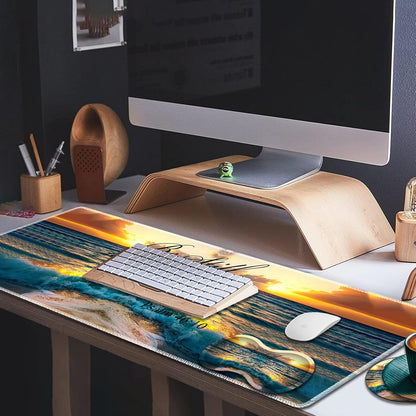 Mouse Wrist Rest and Keyboard Wrist Rest Pad Set, Non-Slip Rubber Base Smooth Surface Ergonomic Gaming Mouse Pad for Easy Typing and Pain Relief, Antique Blue Wood Grain Dog Paw + Coaster
