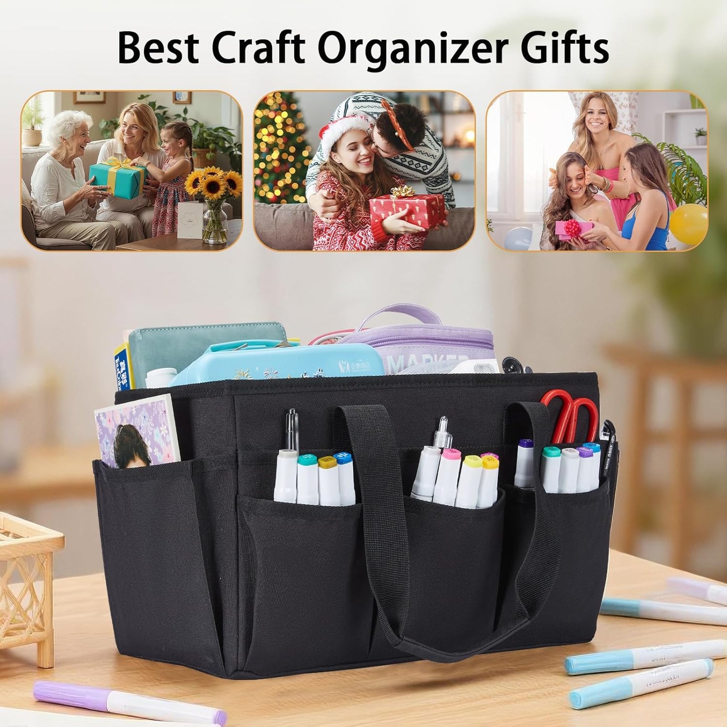Craft Organizer Tote Bag, Art Organizer, Craft Caddy with Multiple Pockets, Storage Bag for Sewing Tools, Art Supplies, Home and Office (Cat Print)
