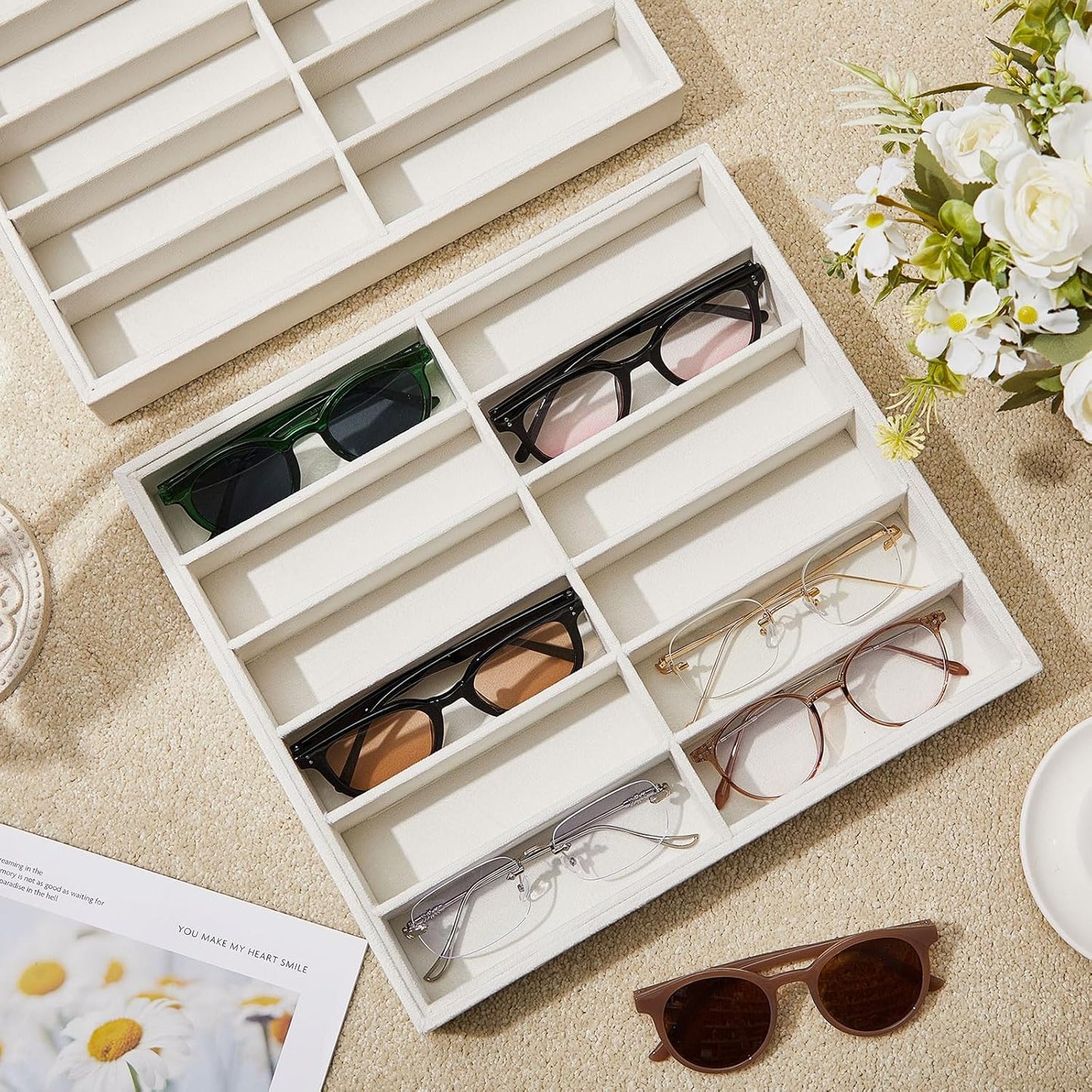 Amylove 2 Pcs Sunglass Organizer Trays Glasses Stackable Jewelry Trays Sunglass Organizer Display Box(8 Grids,Beige)