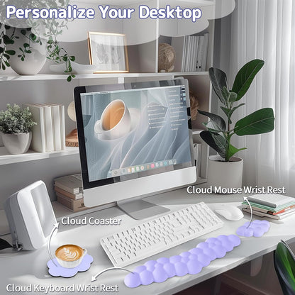 Sushret Cloud Wrist Rest for Keyboard and Mouse, Memory Foam PU Leather Keyboard Wrist Rest with Ergonomic Support, Non-Slip Base, Cute Arm Rest Pad & Palm Cushion, Office Desk Accessory, Purple