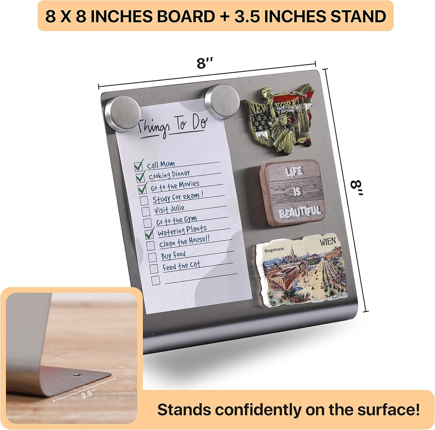Magnetic Bulletin Board with Stand – Small Dry Erase Memo Board – Tabletop Metal Easel for Magnet Display – Mini Home Decor – 8x8 Inches + 2 Magnets