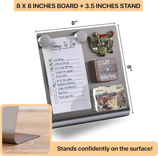 Magnetic Bulletin Board with Stand – Small Dry Erase Memo Board – Tabletop Metal Easel for Magnet Display – Mini Home Decor – 8x8 Inches + 2 Magnets