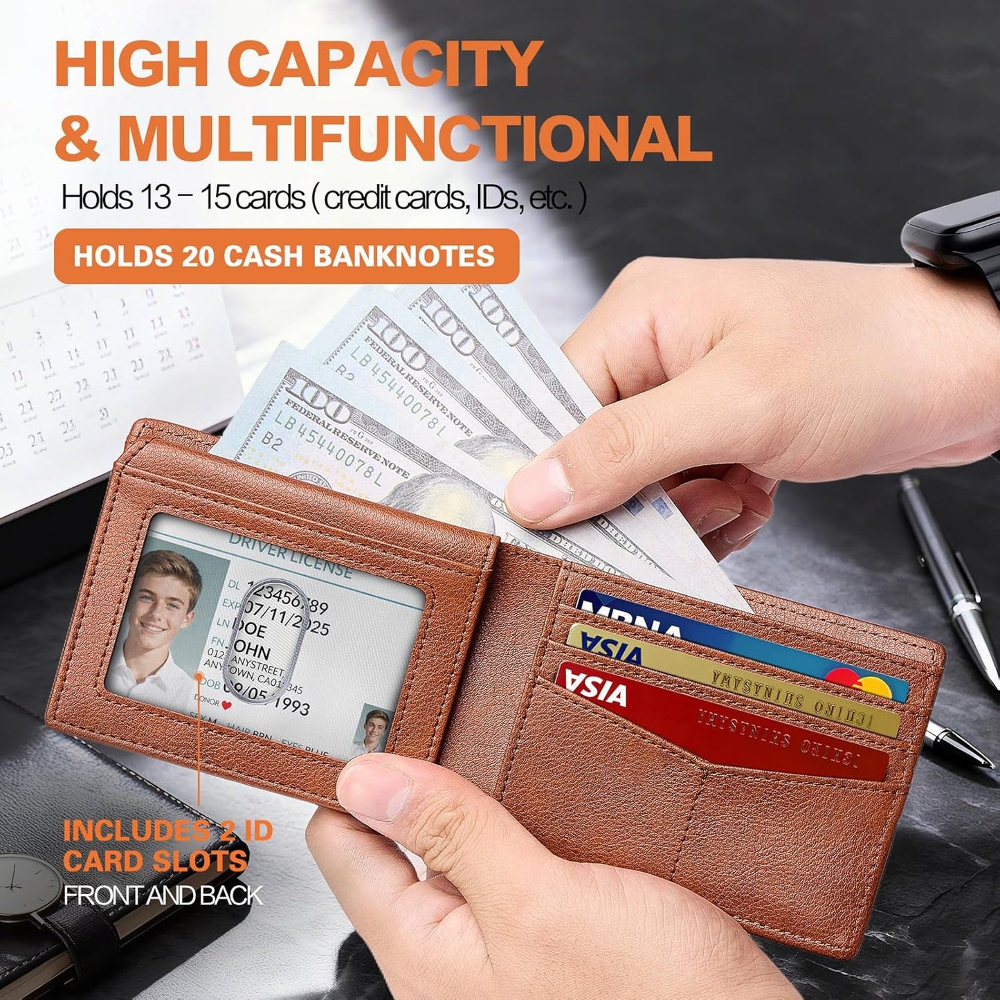 Wallet for Men Slim RFID Blocking Bifold Carbon Fiber,Minimalist Small Compact Front Pocket Credit Card Holder,Thin Mens Leather Wallets Smart Security With 2 ID Windows 1 Cash,Birthday Gifts for Men