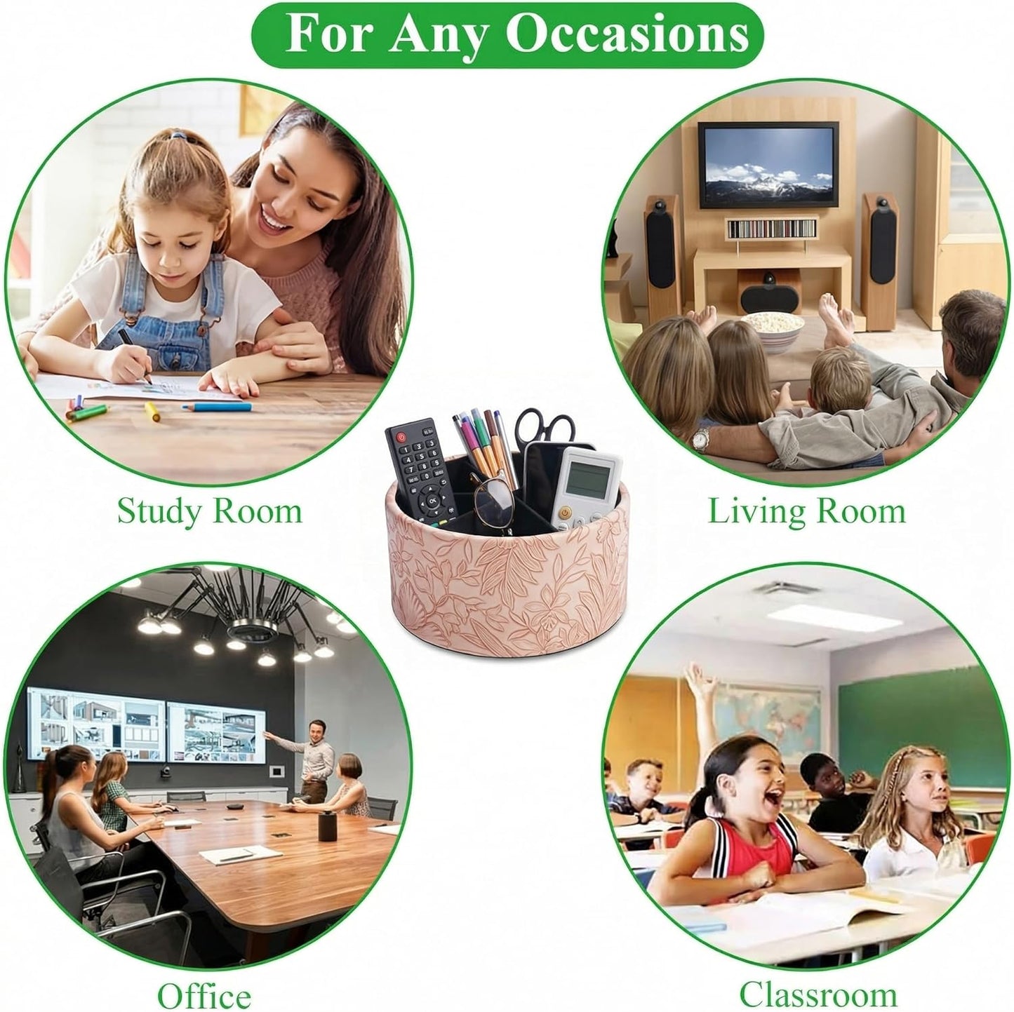 Round Leather Art Supply Organizer,Remote Control Holder,360 Degree Rotating,Multi-Functional Pencil Holder,4 Compartments Desktop Stationary Organizer(1-Fractal Flower) | Round - Colors B