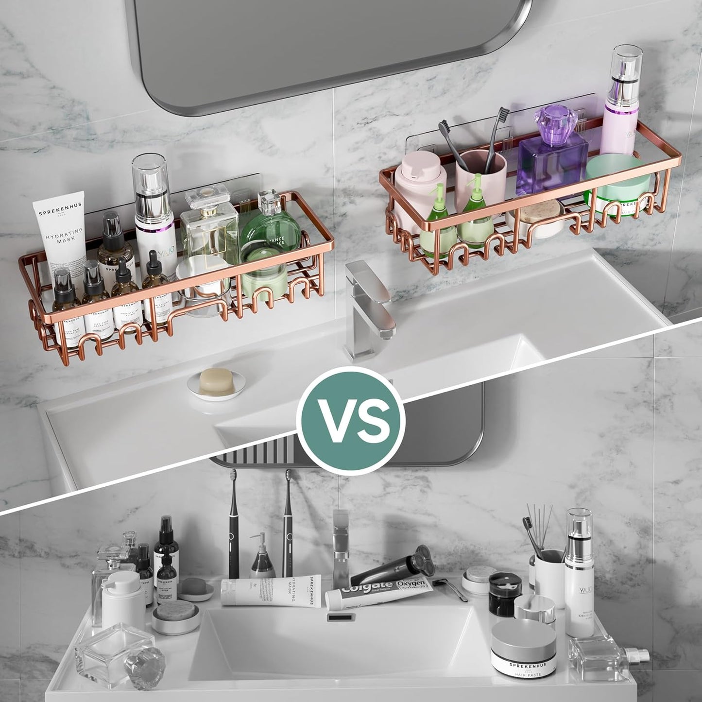 Veken Shower Caddy 6-Pack, Advanced Rustproof Design, No Drilling Adhesive Shelves, Rack with Soap Holder, Large Capacity Bathroom Organizers and Storage, Wall-Mounted Kitchen & Home Decor