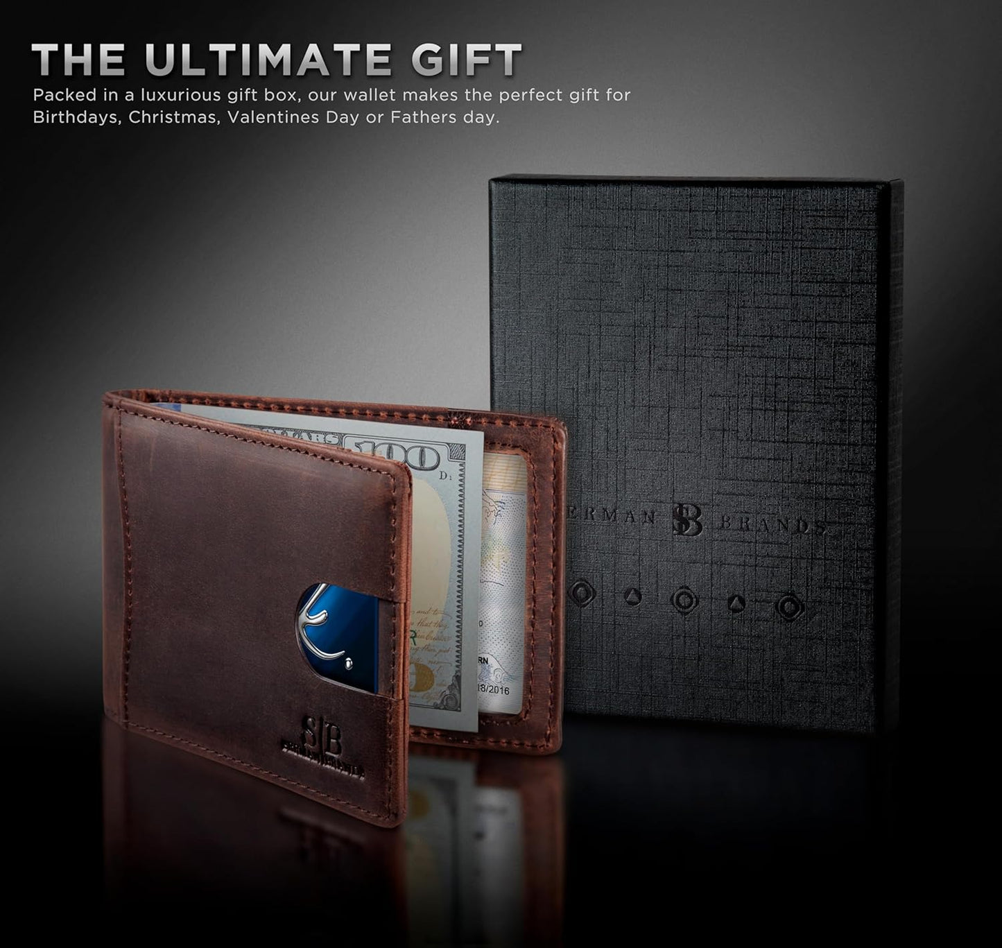 SERMAN BRANDS RFID Blocking Slim Bifold Genuine Leather Minimalist Front Pocket Wallets for Men with Money Clip Thin Mens