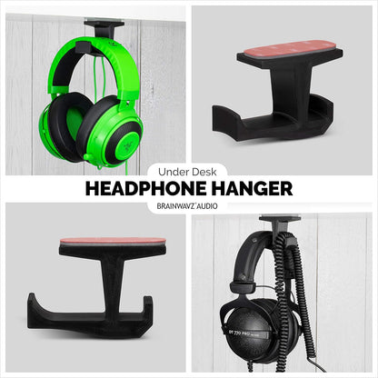 BRAINWAVZ BigJ Under Desk Headphone Stand (2 Pack) Hanger Holder Mount for Headphones, Gaming Headsets, Mobiles Accessories, Stick On, No Screws (Black)