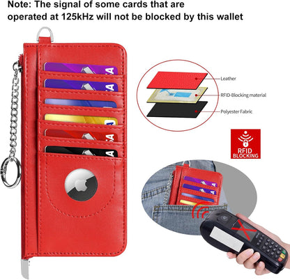 RFID Blocking Slim Credit Card Holder Wallet with Zipper Money Pocket & Keychain, Slim Airtag Wallet for Men Women