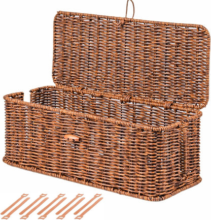 BROWNLILY Cable Management Box, Rattan Style Cord Organizer for Desk Cord Hider Outlet Covers Baby Proofing for Power Strip TV PC Router Charger Under Desk Storage with Lockable Lid and Cable Ties