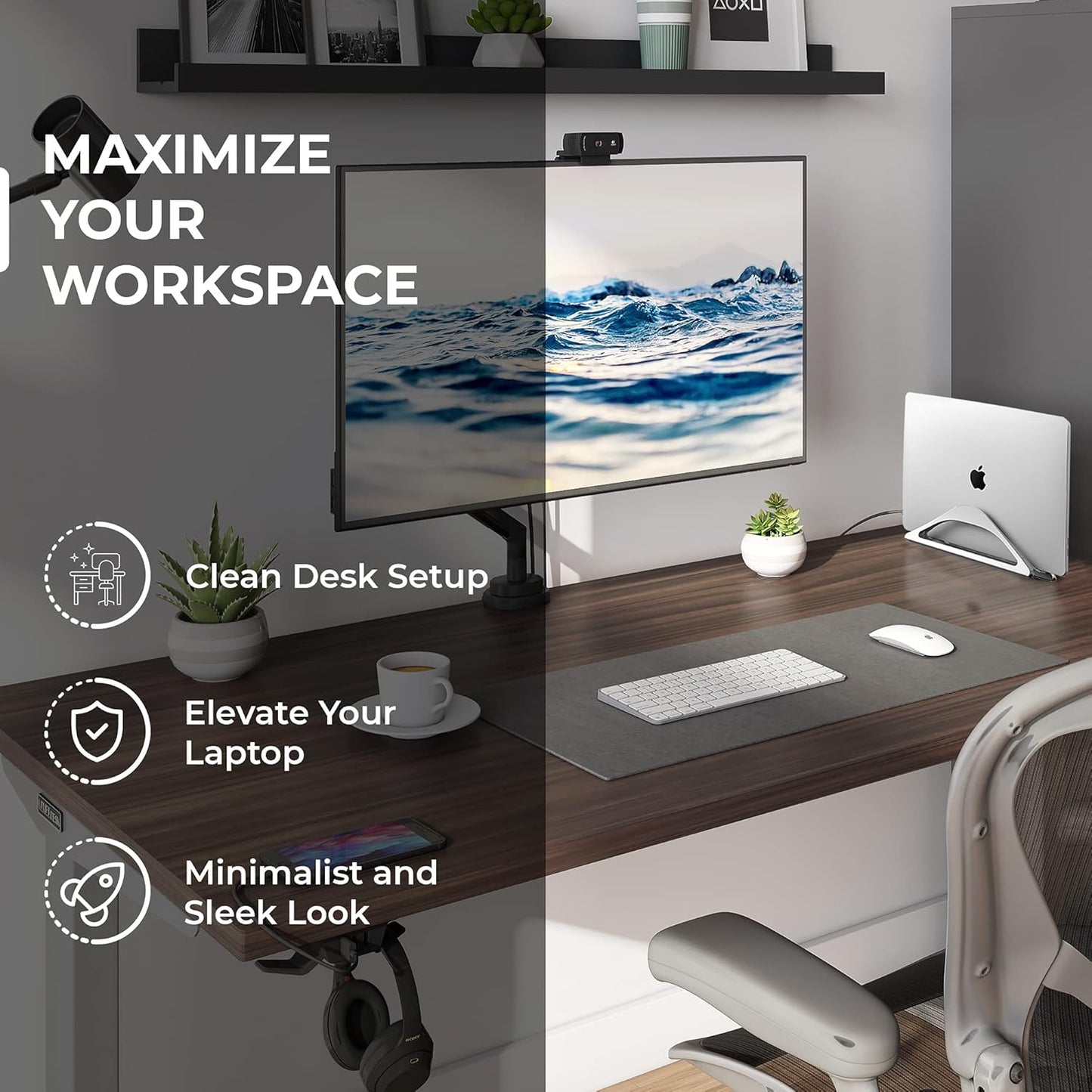 HumanCentric Vertical Laptop Stand for Desks in Matte Black, Upright Adjustable Holder to Dock Apple MacBook Stand, and Other Laptops to Organize Work & Home Office, Automatic Grip