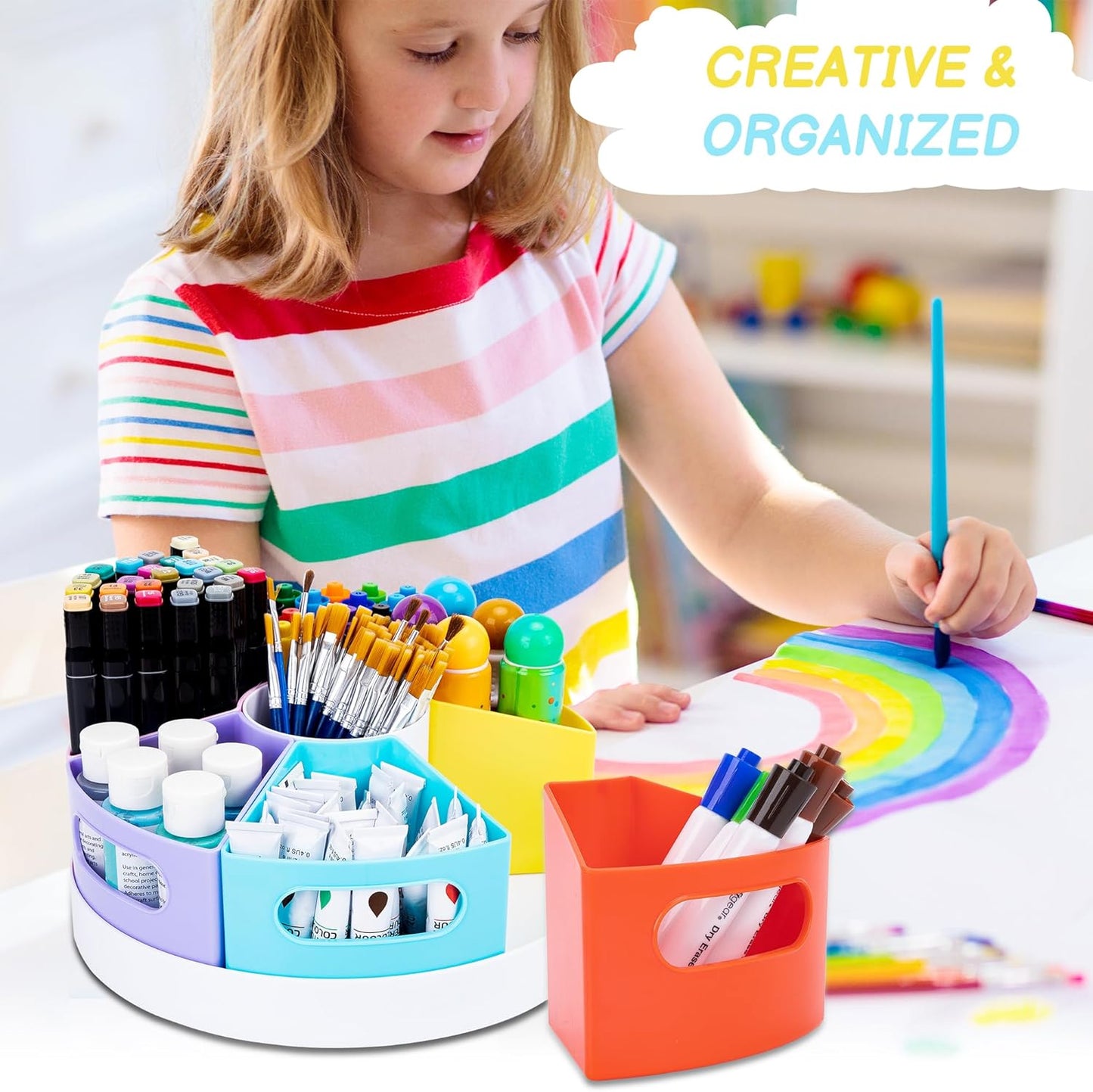 CraftGenes Art Supplies Organizer, Extra Large 360° Rotating Desk Organizer with 7 Removable Compartments, Marker Organizer for Home, Office, and Classroom, Crayon Holder