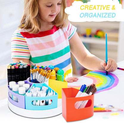 CraftGenes Art Supplies Organizer, Extra Large 360° Rotating Desk Organizer with 7 Removable Compartments, Marker Organizer for Home, Office, and Classroom, Crayon Holder