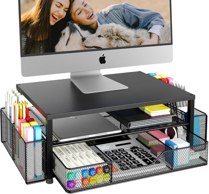 OPNICE Wood Desk Organizers and Accessories, 2-Tier Computer Monitor Stand Riser with Drawer and 2 Pen Holders, Laptop Stand, Office Desk Accessories for Office Supplies, Brown