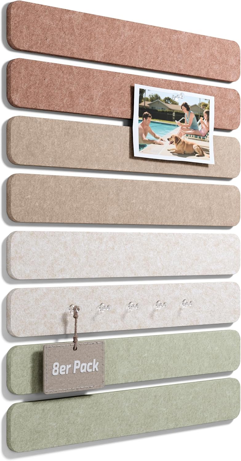 Fluxynara Cork Board Alternative Felt Strip Board 8-Pack 13"x2", Office Pin Board with 50 Push Pins, Adhesive Install for Bedroom Door & Home Office(Linen Dusk)