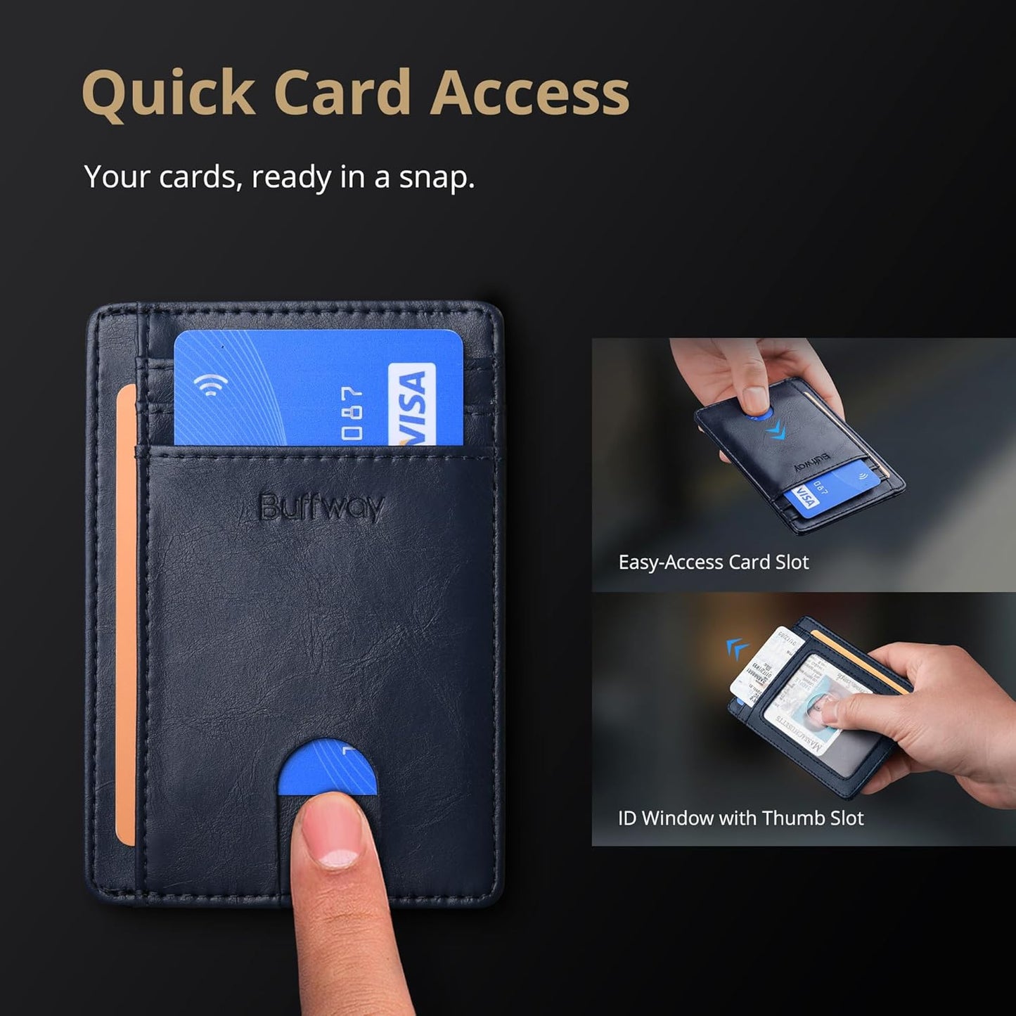 Buffway Slim Minimalist Front Pocket RFID Blocking Leather Wallets for Men and Women - Carbon Fiber Black - Colors B