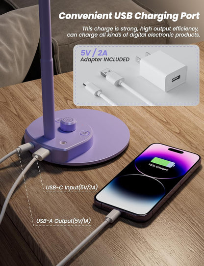 BOHON LED Desk Lamp with USB Charging Port, 3 Color Modes Dimmable Reading Lamp, Auto Dimming Task Lamp, Flexible Neck Table Light for Dorm Bedside, Adapter Include, White