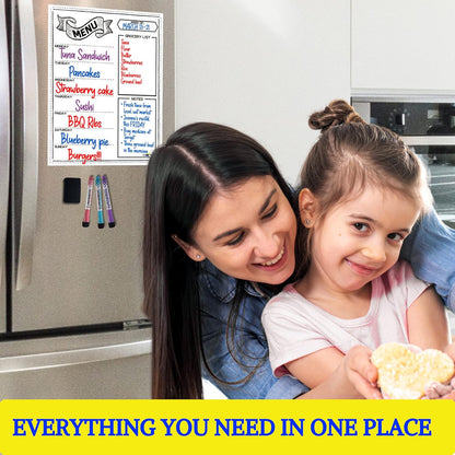 Magnetic Weekly Meal Planner for Fridge – 16” x 12” Dry Erase Menu Board with Grocery List & Notes – Stain-Resistant Whiteboard for Family Meal Planning Includes 3 Magnetic Markers & Eraser