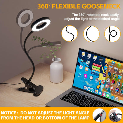 Foneso Desk Lamp Clip on Light, 48 LED USB Lamp with 3 Color Modes 10 Brightness Levels, 360° Flexible Gooseneck Eye Protection Bed Night Light for Reading, Makeup, Craft (Black)