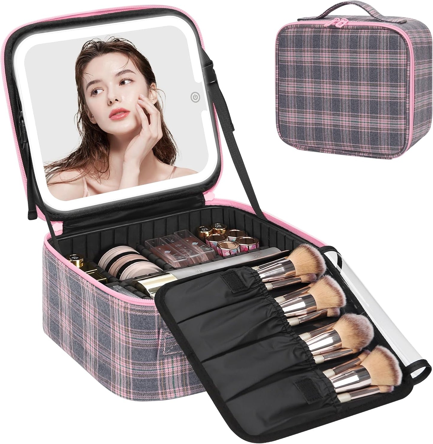 Relavel Travel Makeup Bag With LED Mirror, Cosmetic Train Case with Light up Mirror, Portable Makeup Artist Organizer Bag with Adjustable Dividers, Makeup Brush Holder Storage, Black