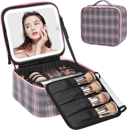 Relavel Travel Makeup Bag With LED Mirror, Cosmetic Train Case with Light up Mirror, Portable Makeup Artist Organizer Bag with Adjustable Dividers, Makeup Brush Holder Storage, Black