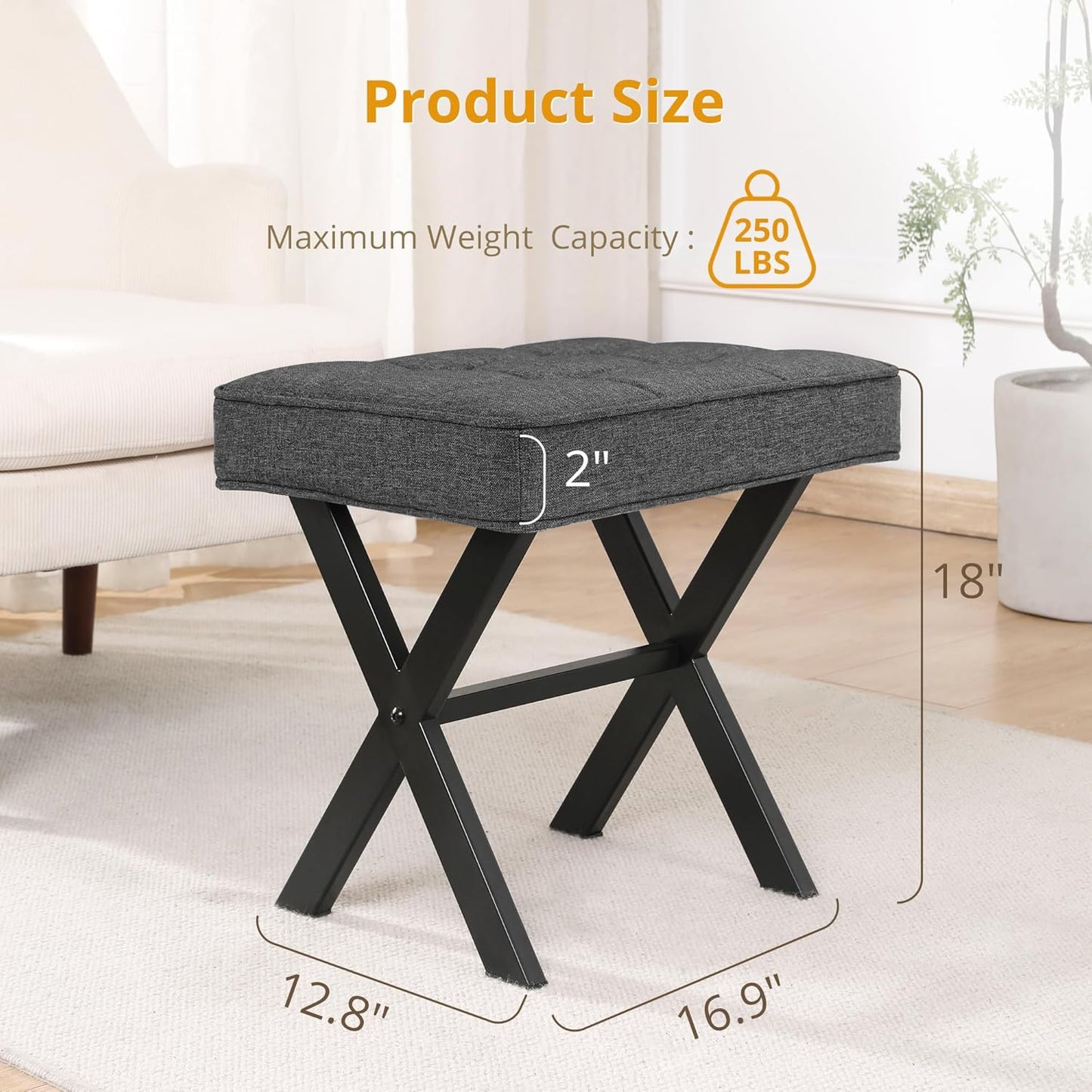 LUE BONA Square Linen Makeup Stool, Metal X Legs, Small Ottoman Stool Chair for Vanity, Modern Padded Seat Foot Rest for Makeup Room, Bathroom