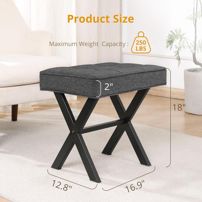LUE BONA Square Linen Makeup Stool, Metal X Legs, Small Ottoman Stool Chair for Vanity, Modern Padded Seat Foot Rest for Makeup Room, Bathroom