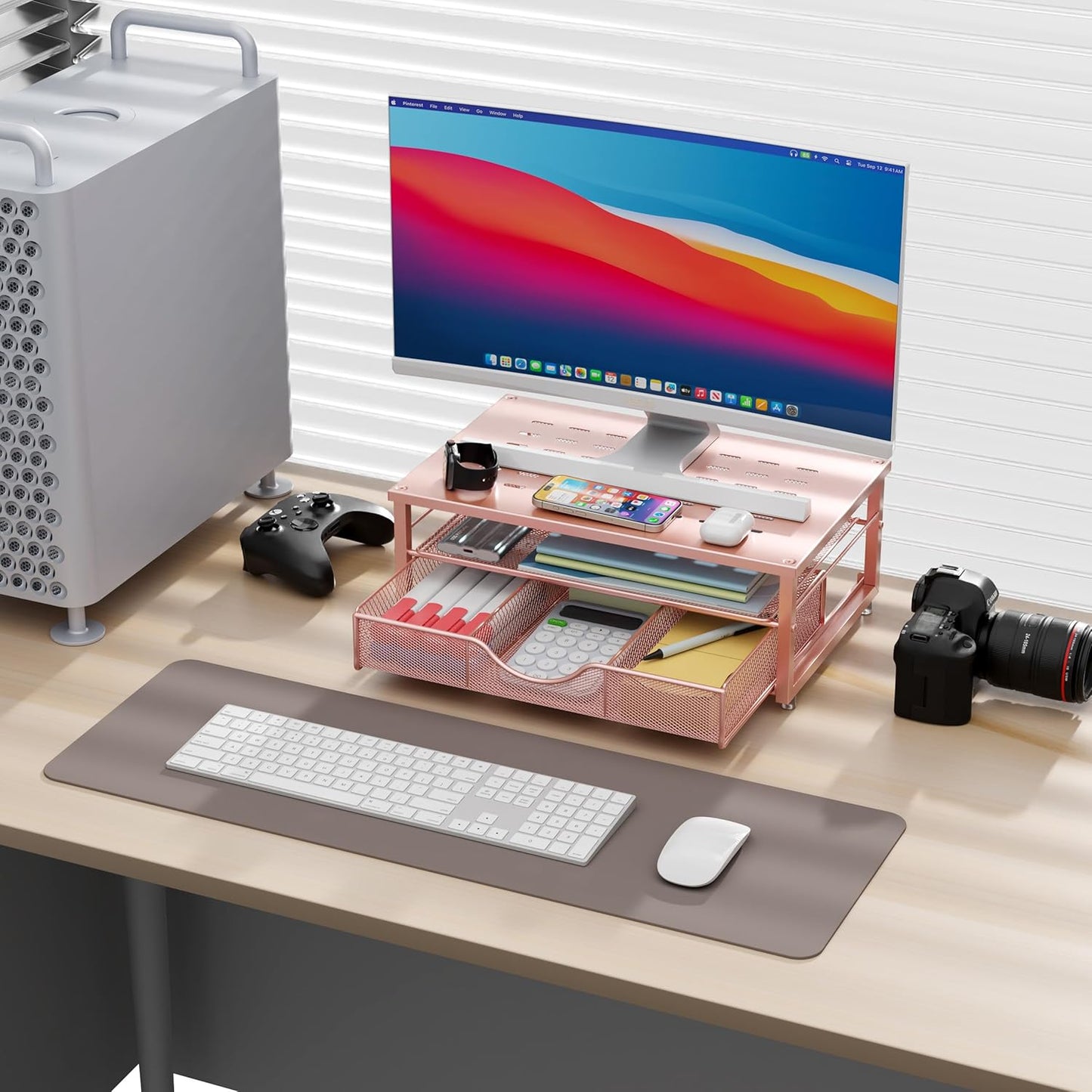 gianotter Computer Monitor Stand Riser, office organizer with Drawer, Office Organizers Storage for Classroom Office Supplies (Wood)
