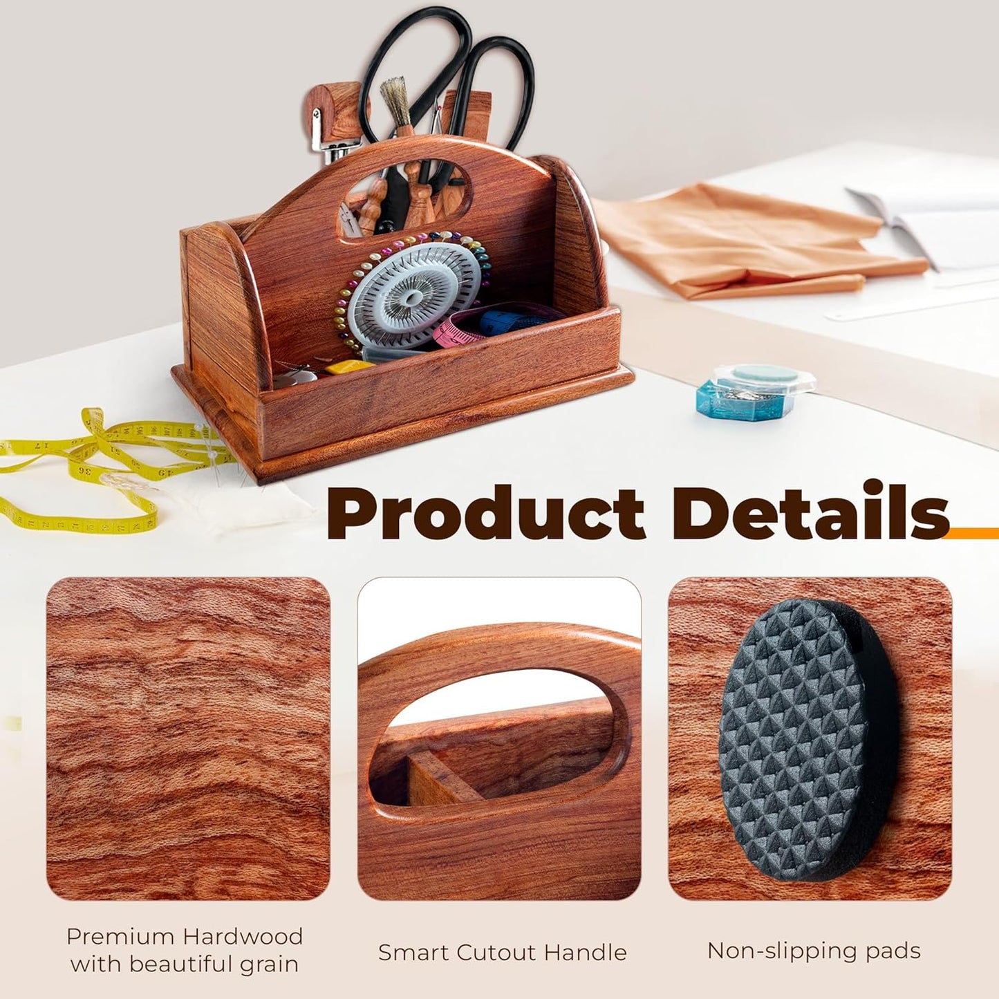 SAVINA Wooden Craft Organizer Box - Handmade Craft Storage Caddy for Sewing, Art Supplies, DIY Tools & More - Elegant & Durable (BOX ONLY) (Small Size)