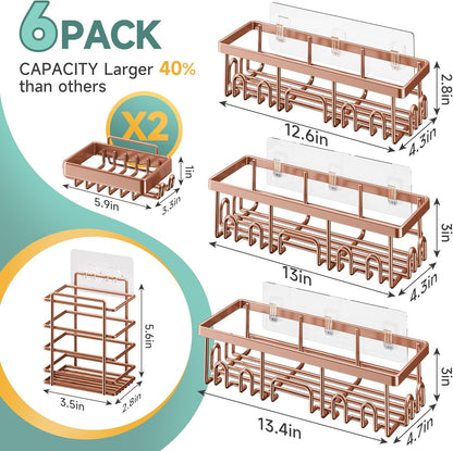 Veken Shower Caddy 6-Pack, Advanced Rustproof Design, No Drilling Adhesive Shelves, Rack with Soap Holder, Large Capacity Bathroom Organizers and Storage, Wall-Mounted Kitchen & Home Decor