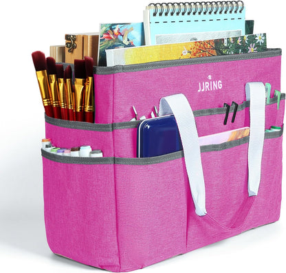 JJRING Craft Organizer Tote Bag for Art Storage, Caddy with Multiple Pockets, Bluish Green Sewing Bag for Scrapbooking, School, Medical, and Office Supplies