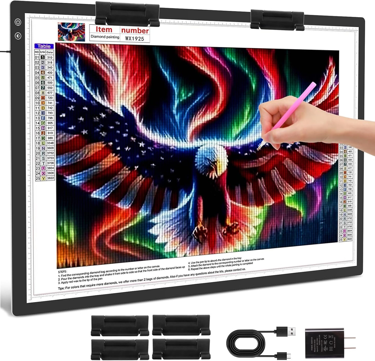 TOHETO A3 Light Pad, Rechargeable Light Board for Diamond Painting, Tracing Light Box with Stand and Clip, Light Table Lightbox for Tracing, Drawing