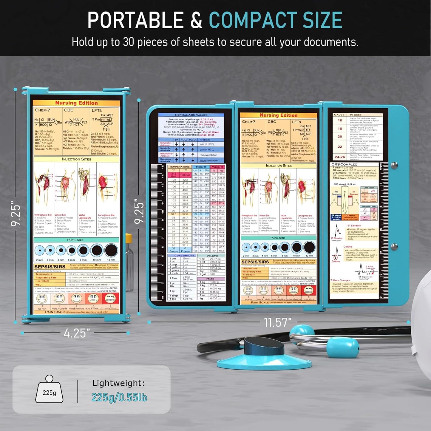 Nursing Clipboard Foldable, Foldable Clipboard w/Nursing Edition Cheat Charts,3 Layers Aluminum, Nurse Clip Board w/Low Profile Clip&Pen Clip Pocket for Nurses and Doctors,Light Blue