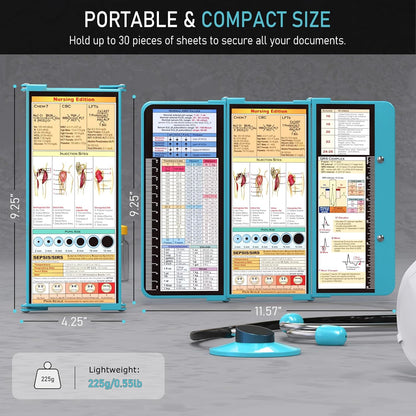 Nursing Clipboard Foldable, Foldable Clipboard w/Nursing Edition Cheat Charts,3 Layers Aluminum, Nurse Clip Board w/Low Profile Clip&Pen Clip Pocket for Nurses and Doctors,Light Blue