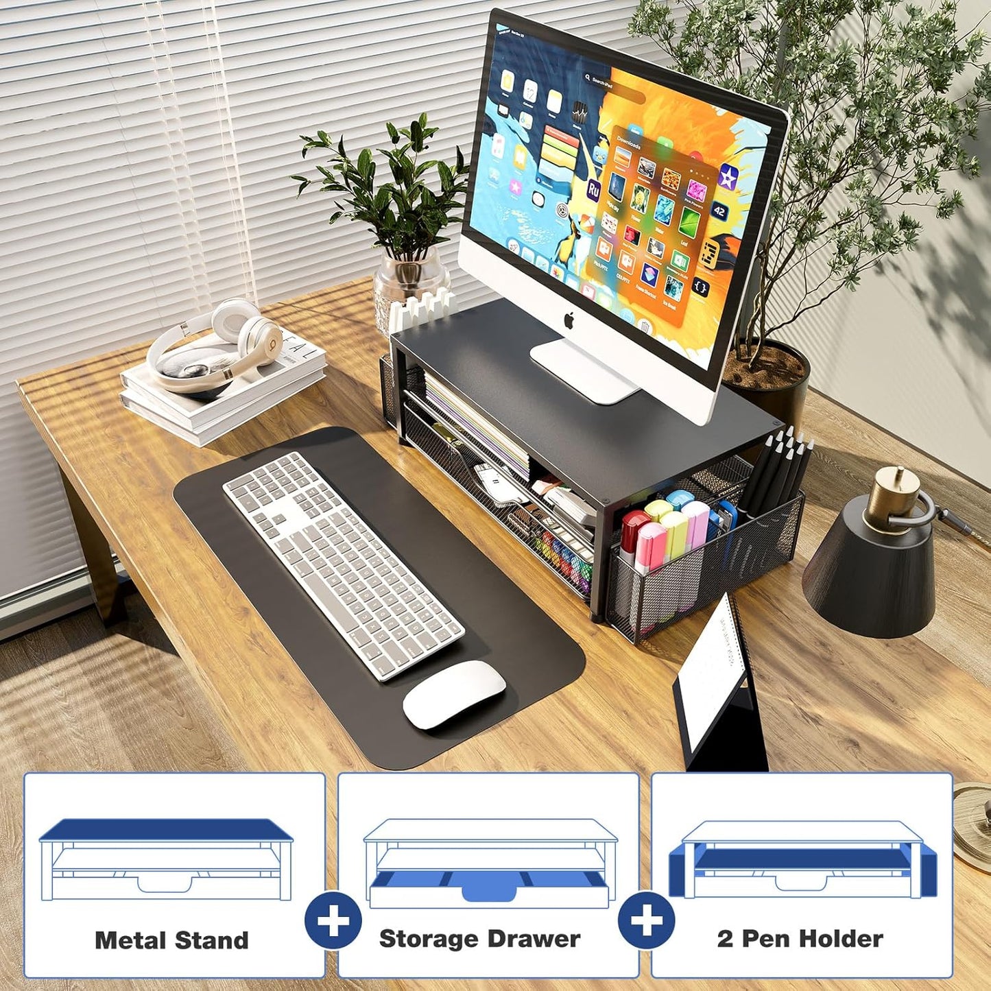 OPNICE Wood Desk Organizers and Accessories, 2-Tier Computer Monitor Stand Riser with Drawer and 2 Pen Holders, Laptop Stand, Office Desk Accessories for Office Supplies, Brown