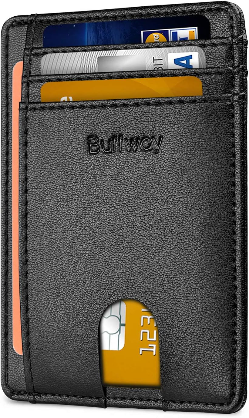 Buffway Slim Minimalist Front Pocket RFID Blocking Leather Wallets for Men and Women - Carbon Fiber Black - Colors B