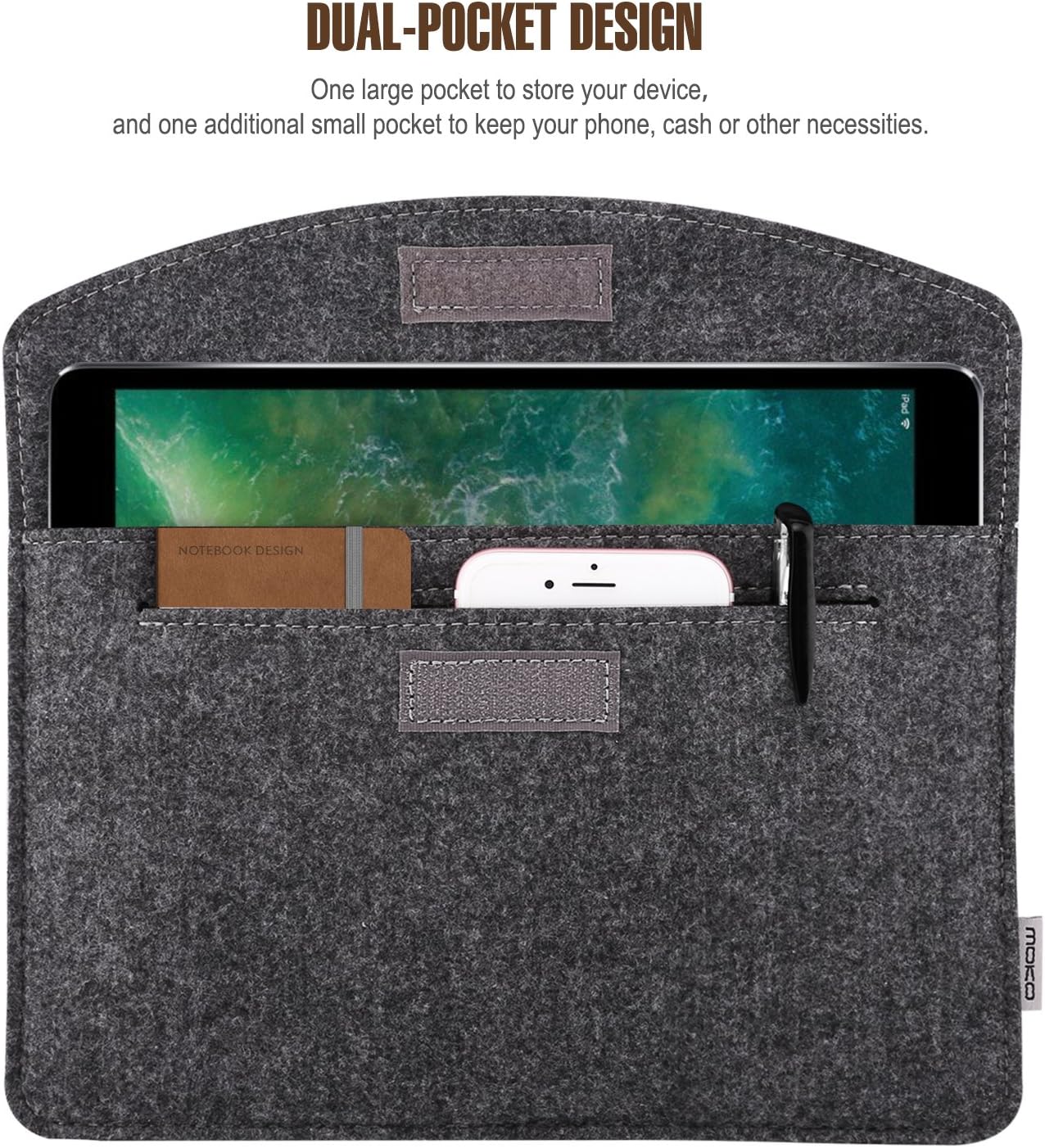MoKo 9-11 Inch Felt Tablet Sleeve Bag Carrying Case Fits with New 11-inch iPad Air M2, New 11-inch iPad Pro M4, iPad 10th Gen 10.9, iPad 9/8/7th 10.2, iPad Air 5/4th 10.9, iPad 9.7 - Dark Gray
