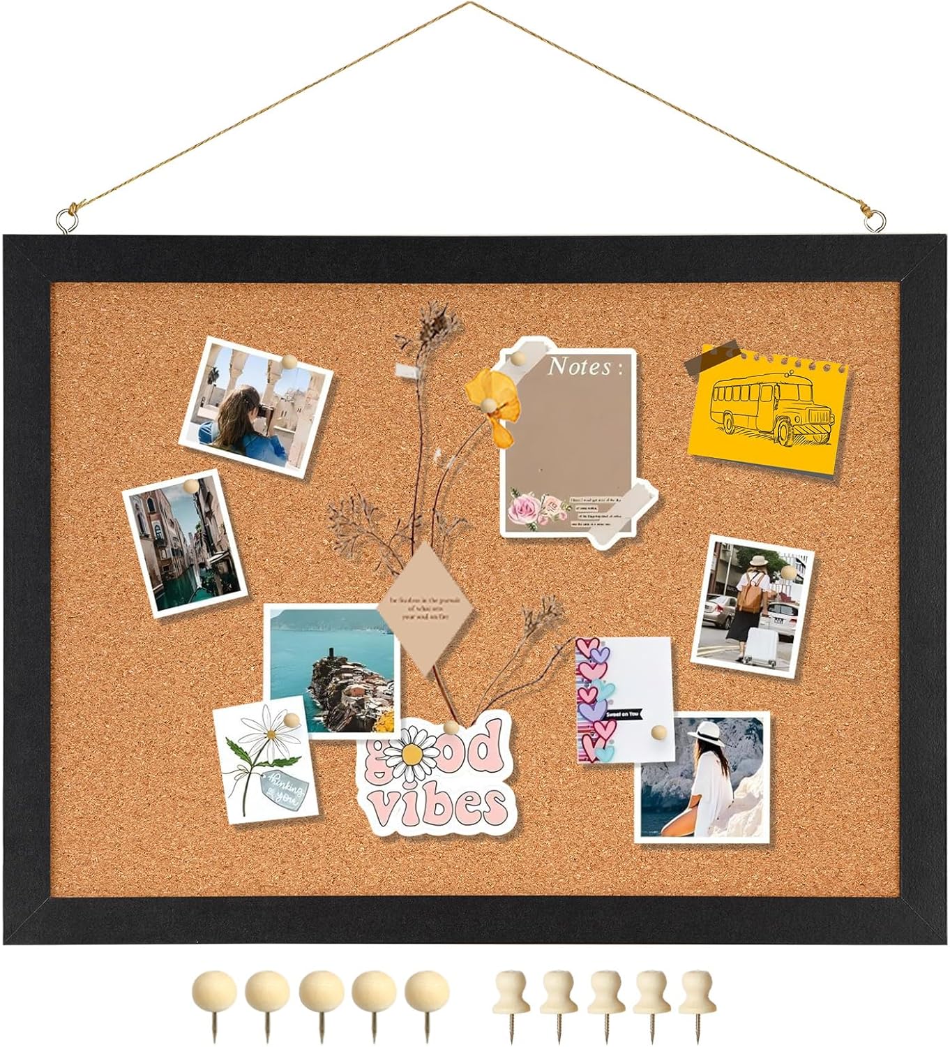 DOLLAR BOSS Bulletin Boards with Linen 1-Pack 16''X 12'' Double-Sided Cork Board for Walls Wood Framed Bulletin Boards, Small Pin Board for Home Kitchen Office Decorative Hanging 10 Pushpins