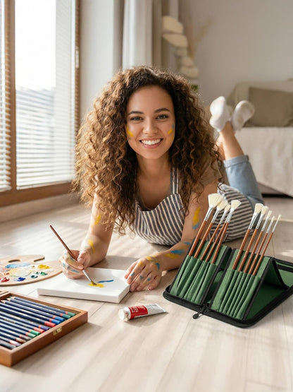 DUGATO Short Paint Brush Holder & Organizer 5.4x10.7 Inches, Blue Canvas Bag for Brushes up to 9.3" Length, Case with 15 Slots, Artist Brush Carrying Case (Brush Not Included)