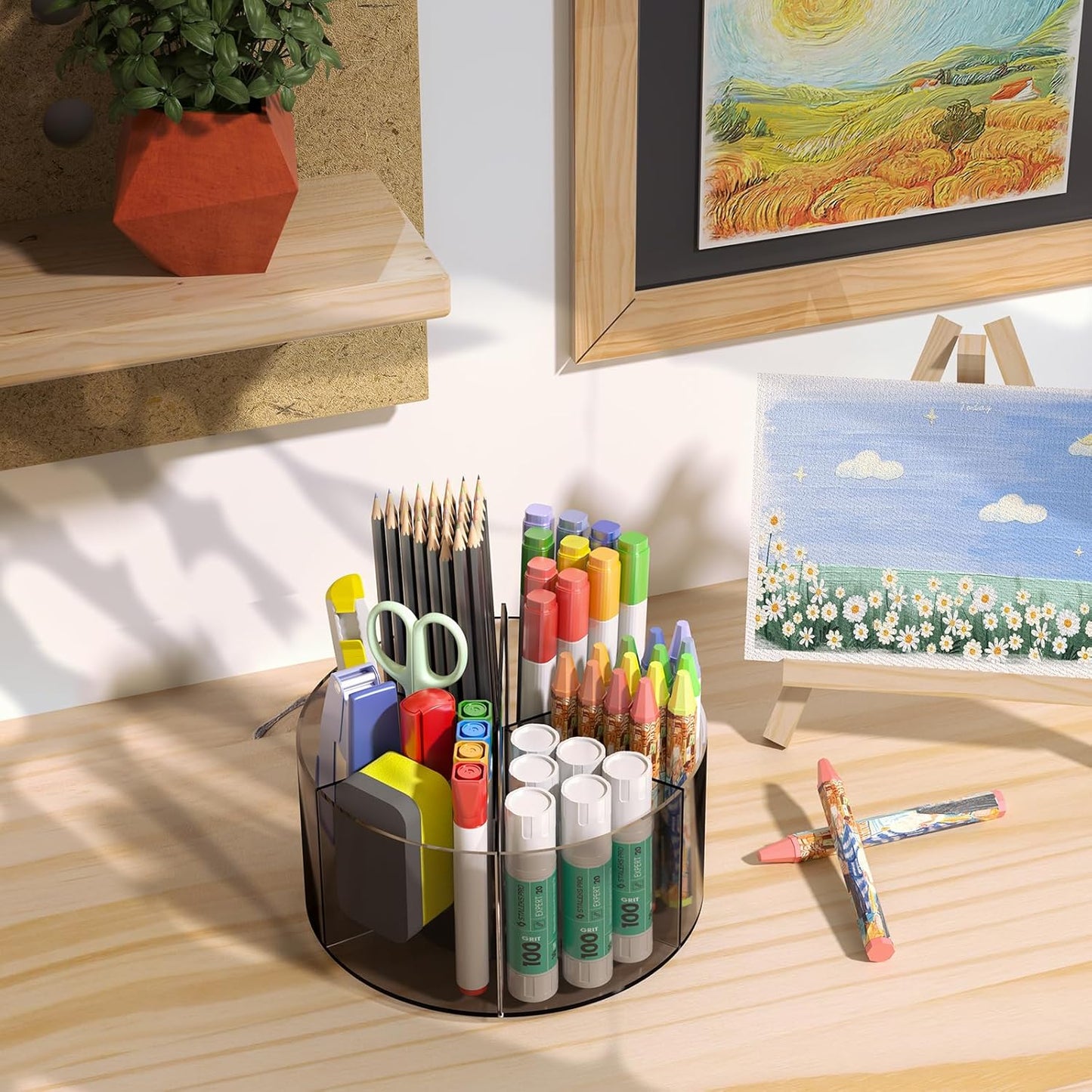 Mefirt Acrylic Pen Holder, 360 Degree Rotating Pen Organizer, Rotating Desk Acrylic Office Organizer with 6 Compartments, Marker Organizer for Kid, Crayon Caddy School Art Supply Storage Organizer