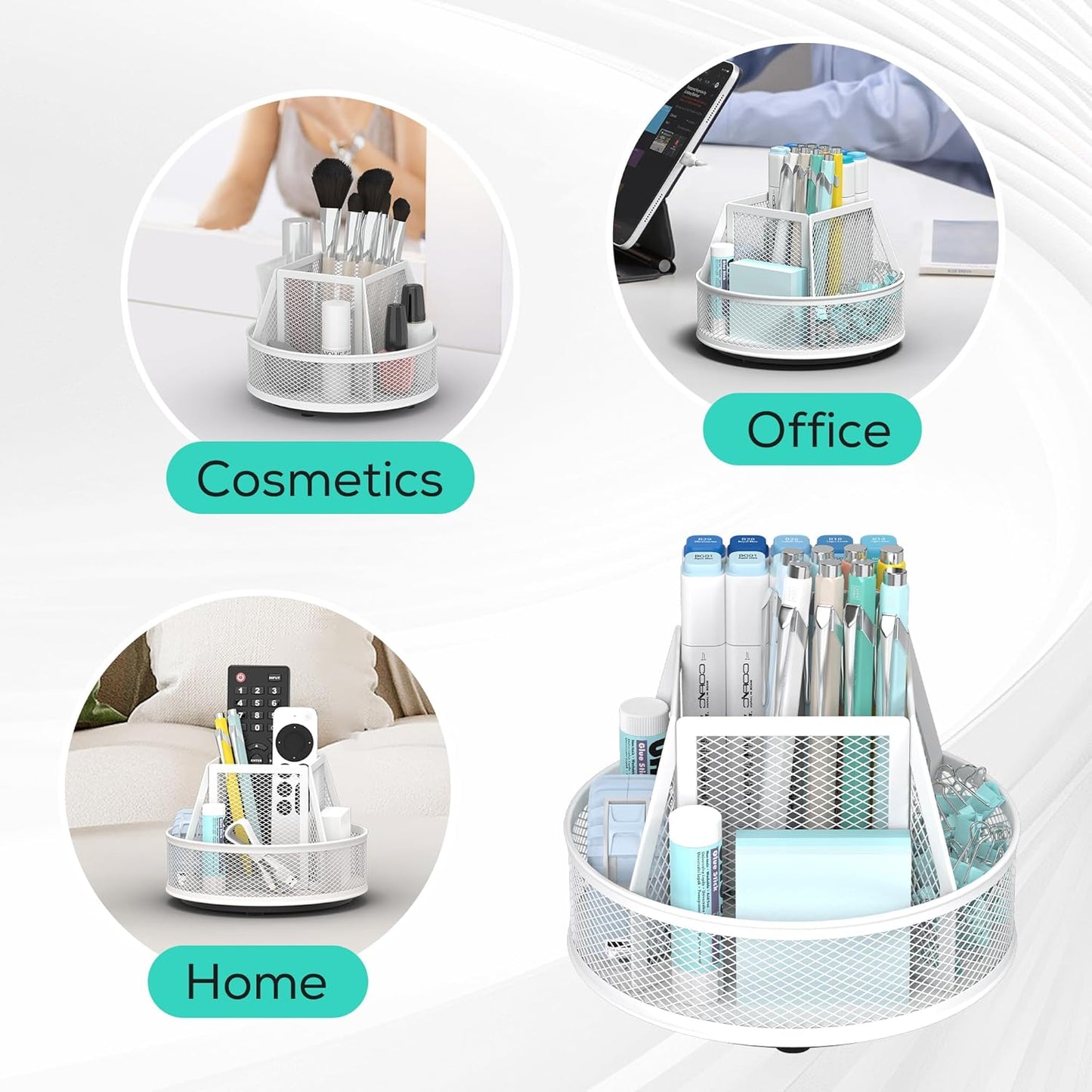 YINGHUA Metal Mesh Desk Organizer with 5 Compartments and Rotating Pencil Holder Pen and Stationery Organizer for Office Home School Anti Slip Base Black
