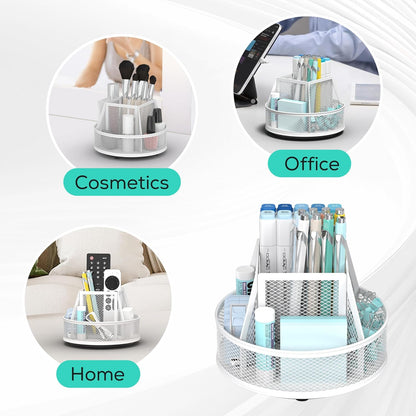 YINGHUA Metal Mesh Desk Organizer with 5 Compartments and Rotating Pencil Holder Pen and Stationery Organizer for Office Home School Anti Slip Base Black