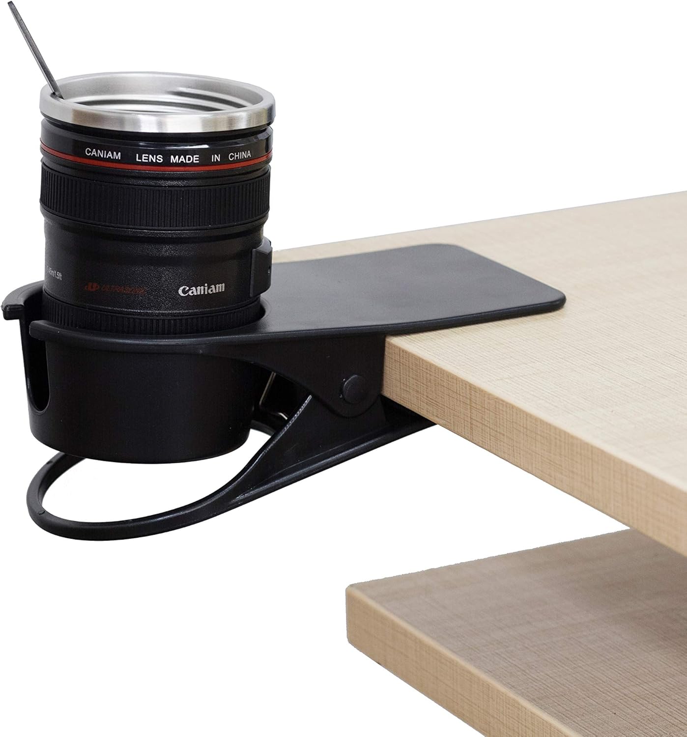 Drinking Cup Clip, Desk Cup Holder, Table Edge Clamp - Place Water Glass, Coffee Mug, Beverage, Cell Phone. Best Office Accessories (Black)
