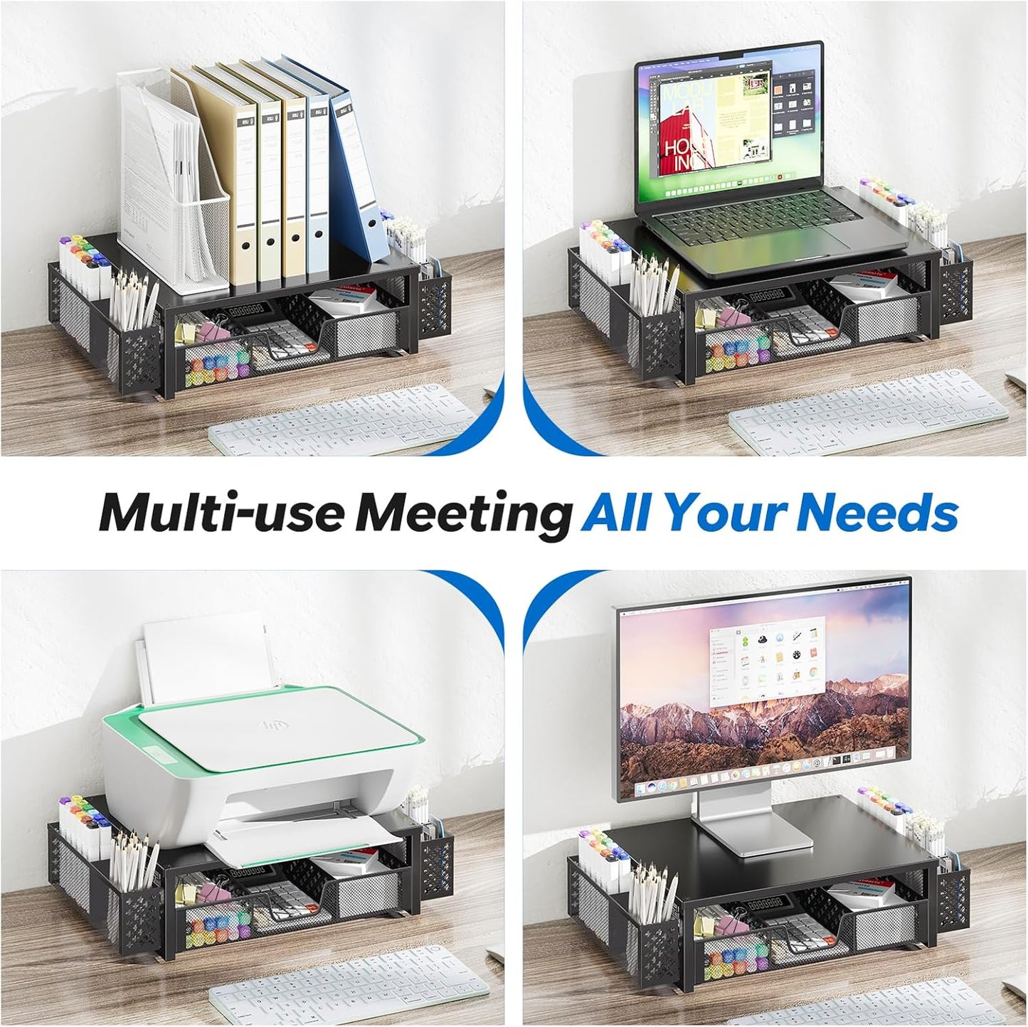 Simple Trending Desk Organizer and Accessories, 2 Tier Computer Metal Monitor Stand Riser with Drawer and Pen Holder for Laptop, Computer, iMac, Black