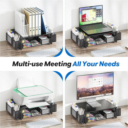 Simple Trending Desk Organizer and Accessories, 2 Tier Computer Metal Monitor Stand Riser with Drawer and Pen Holder for Laptop, Computer, iMac, Black