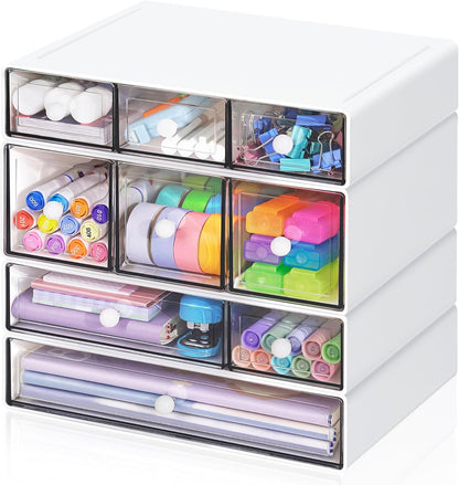 Desk Storage Organizer with 9 Drawers, 4 Tiers Stackable Desktop Craft Storage Drawers, Clear Storage Box Caddy for Stationary Makeup Jewelry Office Craft Supplies (Green)