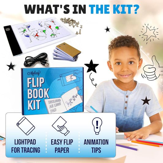 Flip Book Kit with LED Light Pad. Includes 240 Sheets Flip Book Paper with Screws for Drawing and Tracing. Animation Paper/Blank Flip Books for A5 Flipbook Kit for Kids 9-12 6-8. LED Light Box