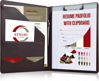 STYLIO Padfolio Portfolio Organizer Binder | Interview Resume Folder, Legal Document, Business Card Holder |w/Letter-Sized Notepad | Handsome Piano Noir Faux Leather Folio Matte Finish, Accent Stitch