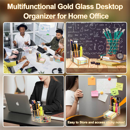 Glass Sticky Note Holder, Gold Post It Note Dispenser for Desk,3 x 3 Inch Post It Note Holder,Stylish Sticky Note Dispenser for Home Office Desk